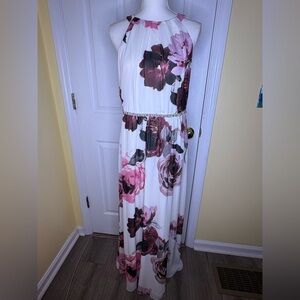 Macys SLNY Floral Maxi Dress Size 14 White Pink Halter Beaded Waist Formal